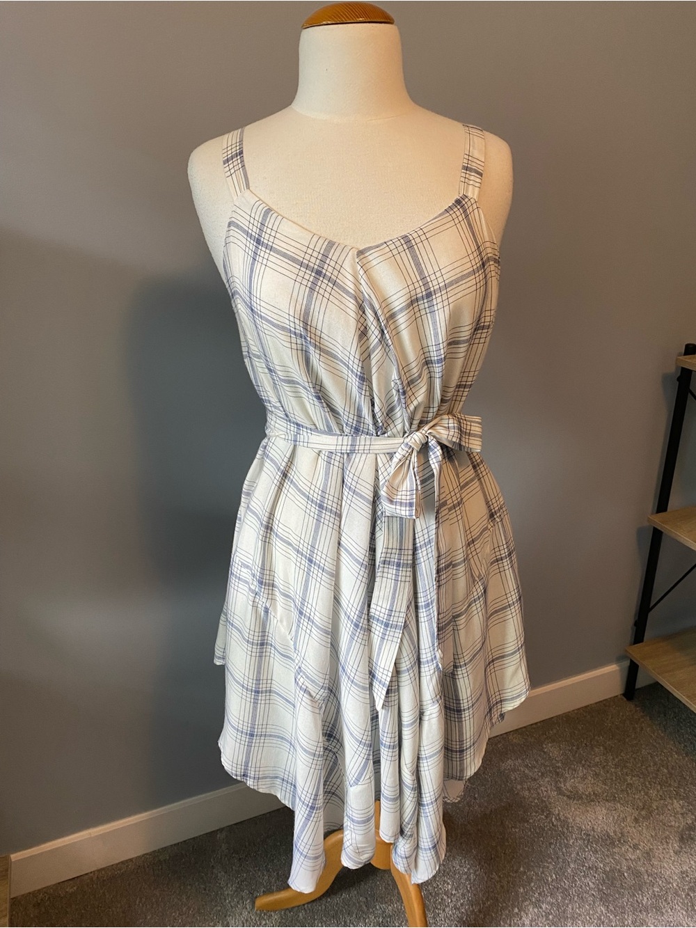 Plaid Tie-Waist Sundress in white w/ Light Blue